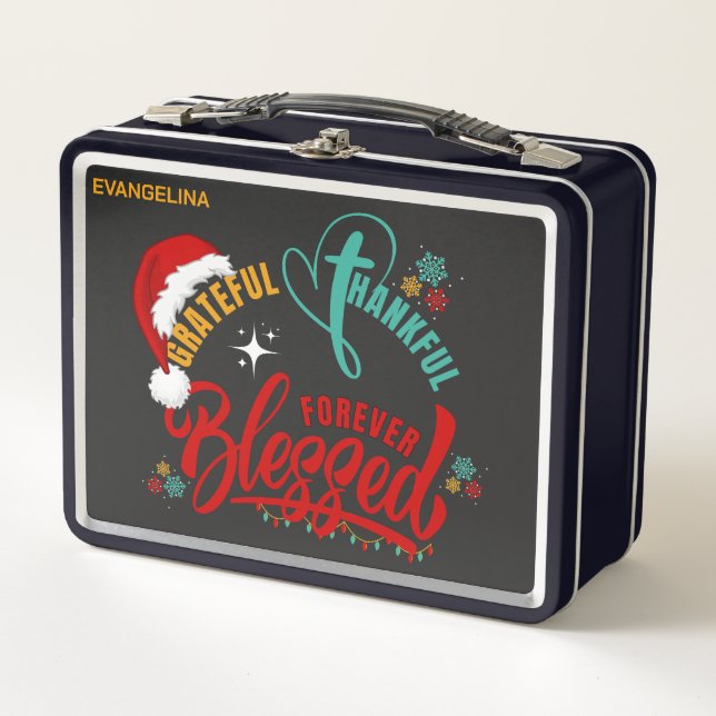 Christian GRATEFUL THANKFUL BLESSED Christmas Metal Lunch Box (Front)