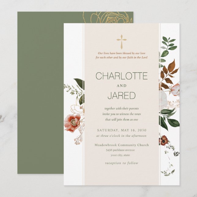 Christian Green & Burgundy Floral Wedding Invitation (Front/Back)