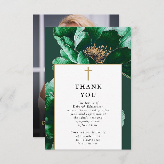 Christian Green Celebration Of Life Funeral Photo Thank You Card (Front/Back)