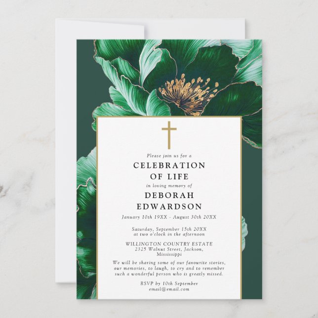 Christian Green Floral Celebration Of Life Invitation (Front)