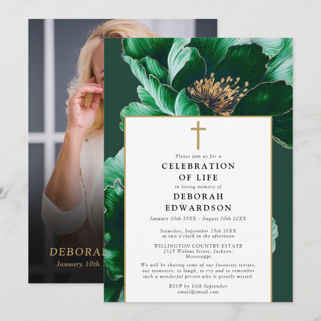 Christian Green Floral Celebration Of Life Photo Invitation (Front/Back)