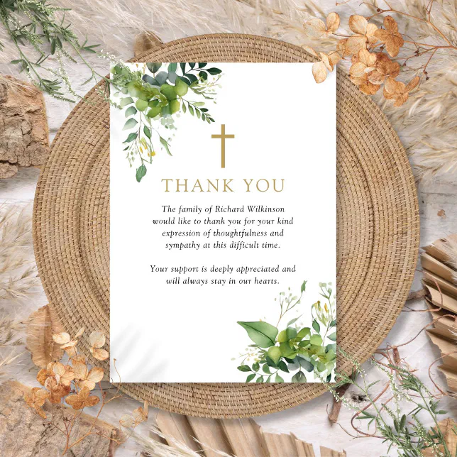 Christian Greenery Celebration Of Life Funeral Thank You Card | Zazzle
