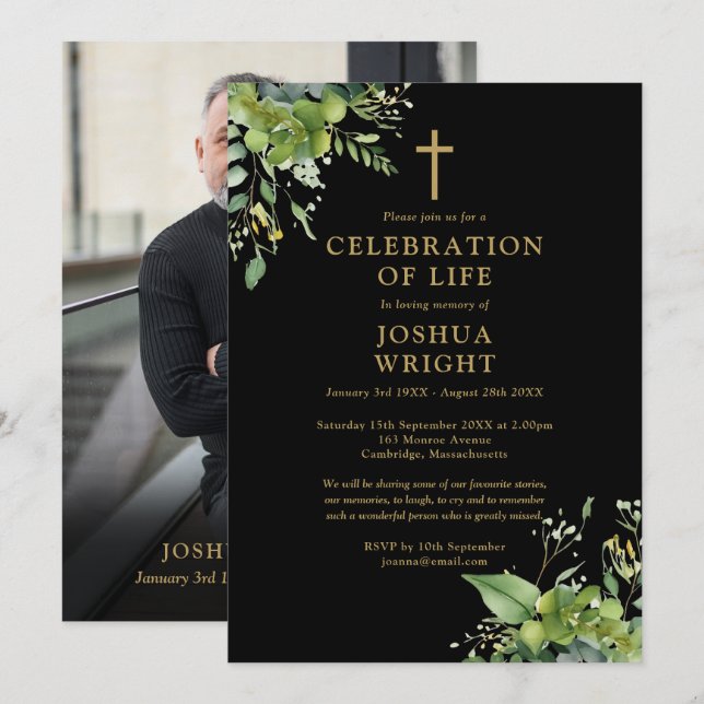 Christian Greenery Memorial Funeral Photo Invitation (Front/Back)