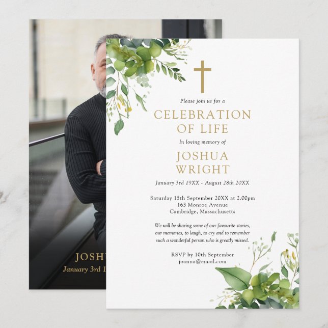 Christian Greenery Memorial Funeral Photo Invitation (Front/Back)