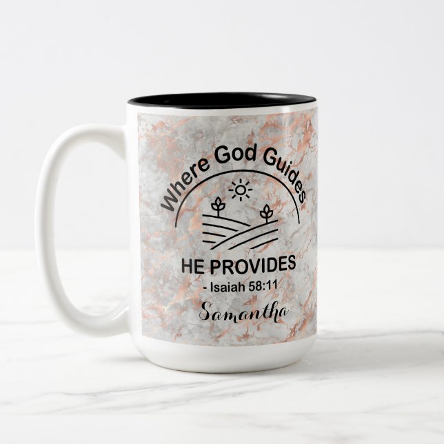 Christian Grey Beige Marble Where God Guides Two-Tone Coffee Mug (Left)