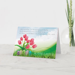 Christian Happy Easter Bible Verse Tulips & Clouds Holiday Card