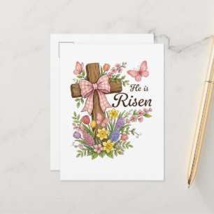 Christian- He is Risen Floral Cross Religious Announcement Postcard