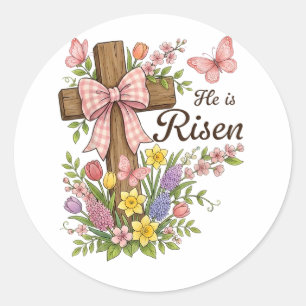 Christian- He is Risen Floral Cross Religious  Classic Round Sticker
