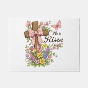Christian- He is Risen Floral Cross Religious Doormat