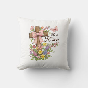 Christian- He is Risen Floral Cross Religious East Cushion