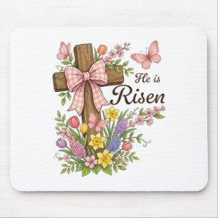 Christian- He Is Risen Floral Cross Religious East Mouse Mat