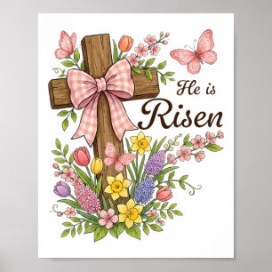 Christian- He Is Risen Floral Cross Religious East Poster