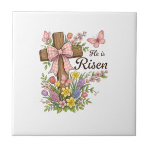 Christian- He is Risen Floral Cross Religious East Tile