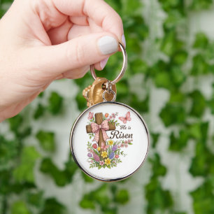Christian- He is Risen Floral Cross Religious Key Ring
