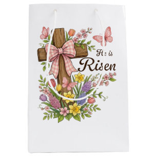 Christian- He is Risen Floral Cross Religious Medium Gift Bag
