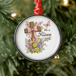 Christian- He is Risen Floral Cross Religious  Metal Tree Decoration