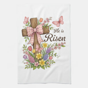 Christian- He is Risen Floral Cross Religious Tea Towel