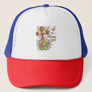 Christian- He is Risen Floral Cross Religious Trucker Hat