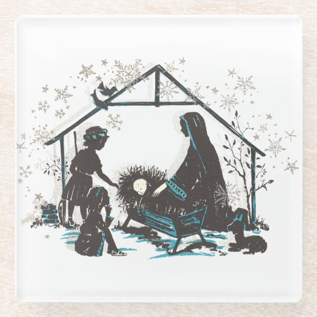 Christian Holy Baby Jesus Christmas Nativity Scene Glass Coaster (Front)
