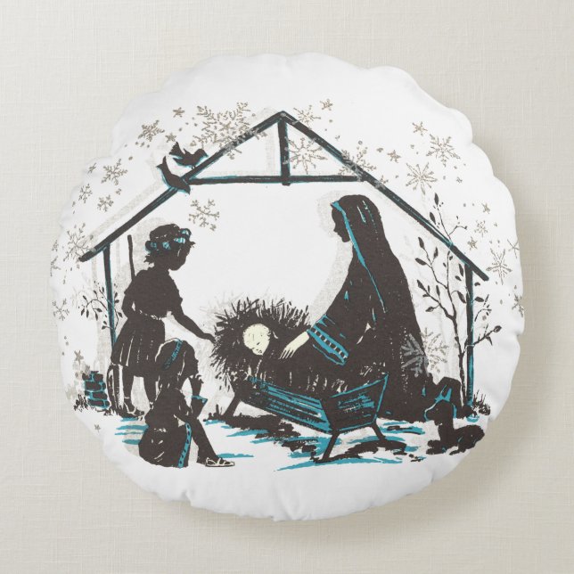 Christian Holy Baby Jesus Christmas Nativity Scene Round Cushion (Front)