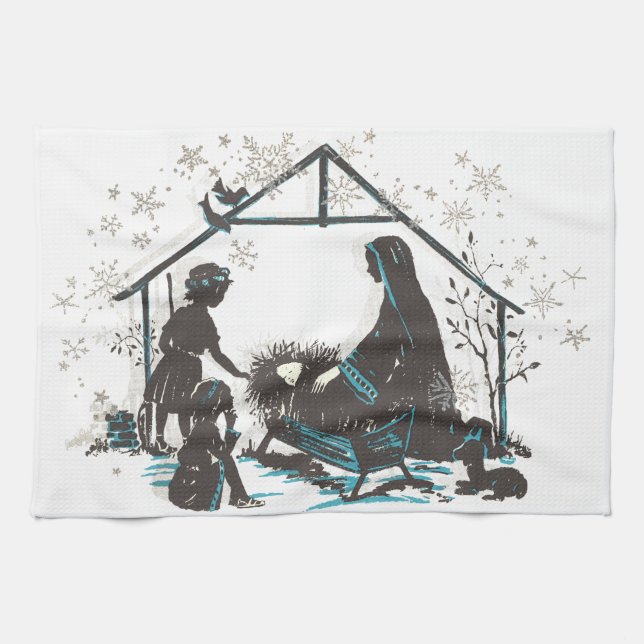 Christian Holy Baby Jesus Christmas Nativity Scene Tea Towel (Horizontal)