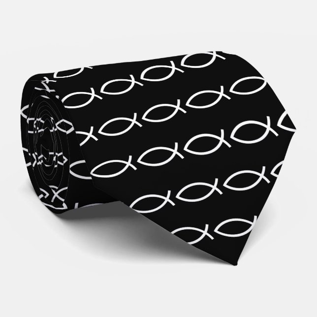  Christian Ichthys Jesus Fish Black Tie (Rolled)