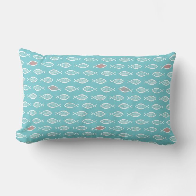 Christian Ichthys Jesus Fish Symbol Turquoise Lumbar Cushion (Front)