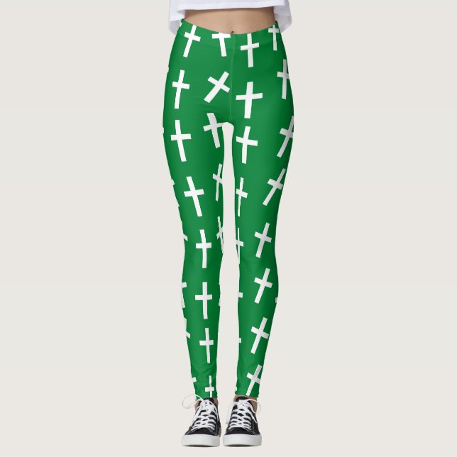 Christian Jesus cross green pattern Leggings (Front)
