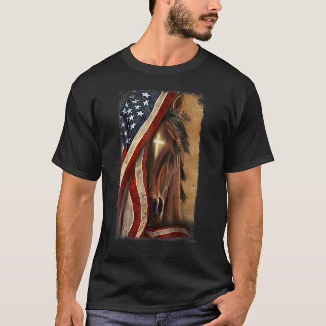Christian Jesus Cross Patriotic Horse Cross Americ T-Shirt (Front)