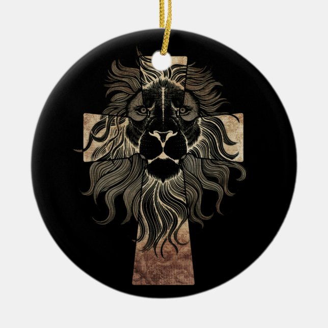 Christian Jesus Lion of Tribe Judah Cross Ceramic Tree Decoration (Front)