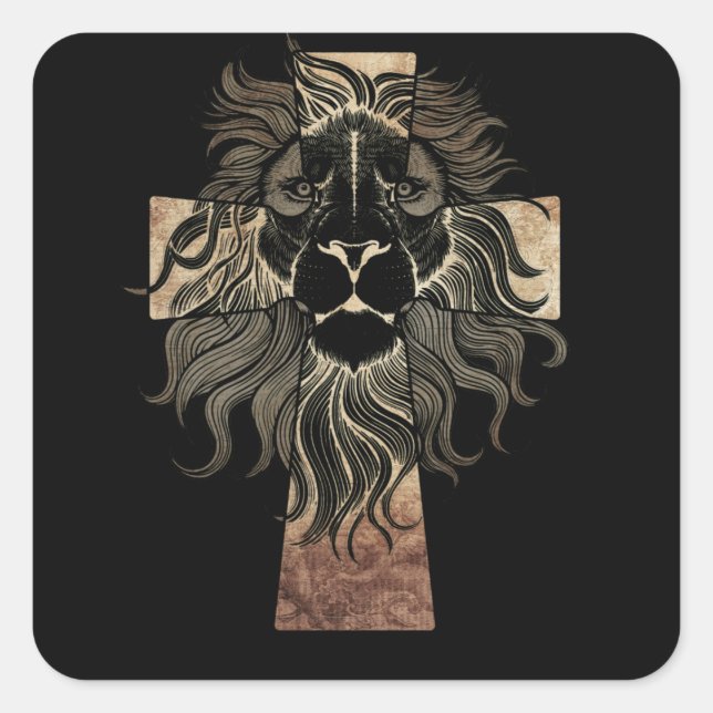 Christian Jesus Lion of Tribe Judah Cross Square Sticker (Front)