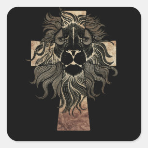 Christian Jesus Lion of Tribe Judah Cross Square Sticker