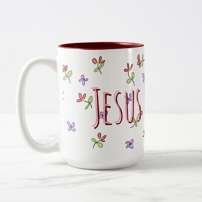 Christian Jesus Loves Me Feminine Floral  Two-Tone Coffee Mug (Left)
