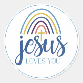 Christian Jesus Loves You Retro Rainbow Cross Classic Round Sticker