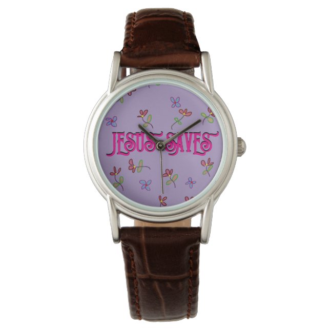 Christian ‘Jesus Saves’ Floral Print on Purple Watch (Front)