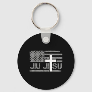 Christian Jiu Jitsu American Flag Cross Men Boys Key Ring