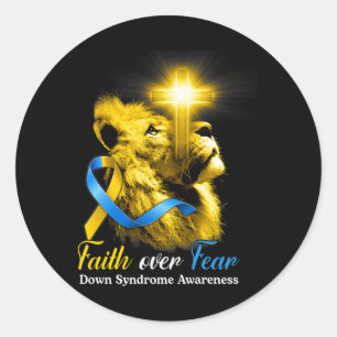 Christian Lion Cross Faith Over Fear Down Syndrome Classic Round Sticker