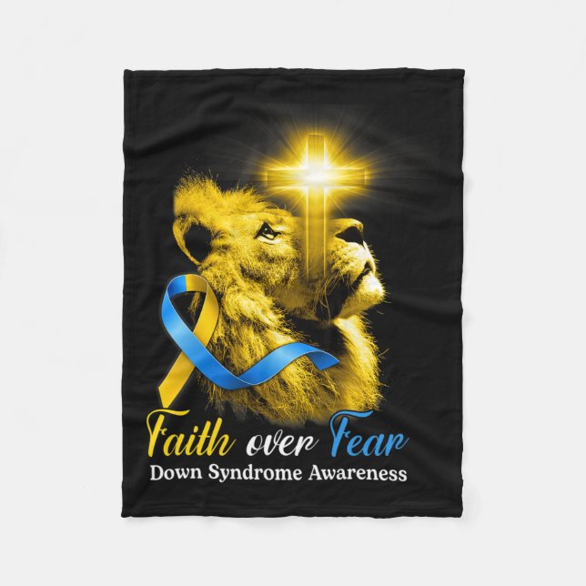 Christian Lion Cross Faith Over Fear Down Syndrome Fleece Blanket (Front)