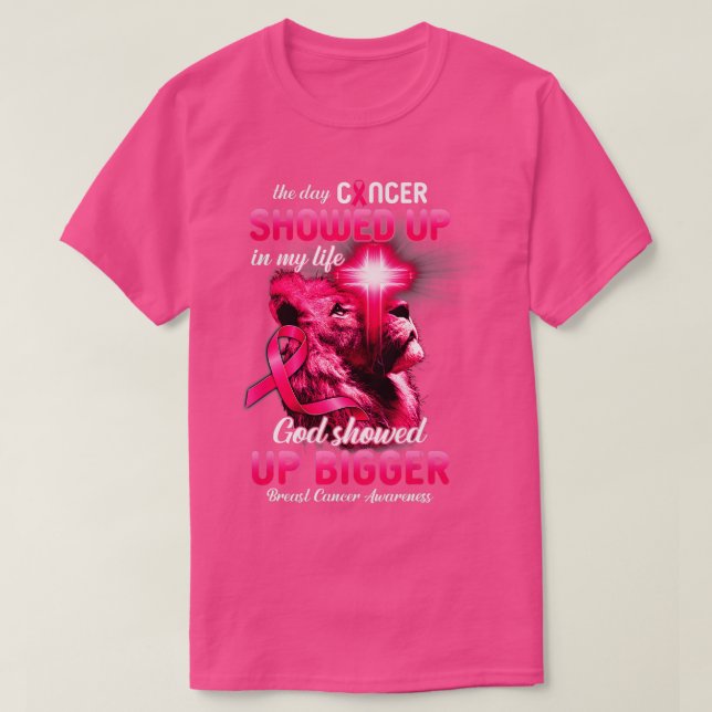 Christian Lion Cross Pink Ribbon Breast Cancer Awa T-Shirt (Design Front)