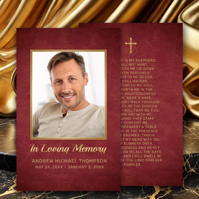 Christian Maroon Gold Photo Funeral Prayer Card (In Loving Memory Maroon Faux Leather Photo Funeral Prayer Card with Gold Cross.)