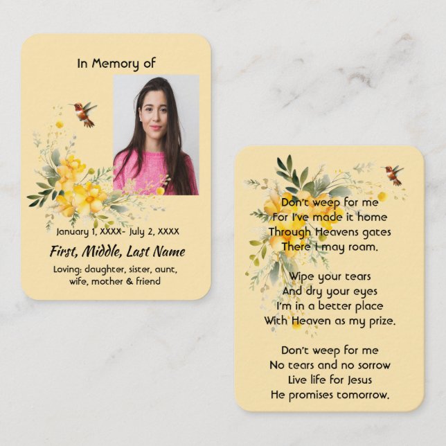 Christian Memorial Hummingbird Yellow Roses  Business Card (Front/Back)