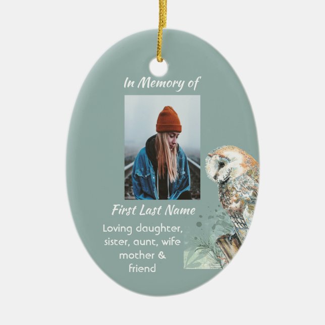 Christian Memorial Keepsake Barn Owl Bird Ceramic Tree Decoration (Front)