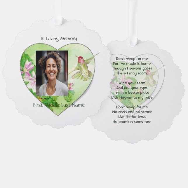 Christian Memorial Keepsake Bird Hummingbird Tree Decoration Card (Front/Back)
