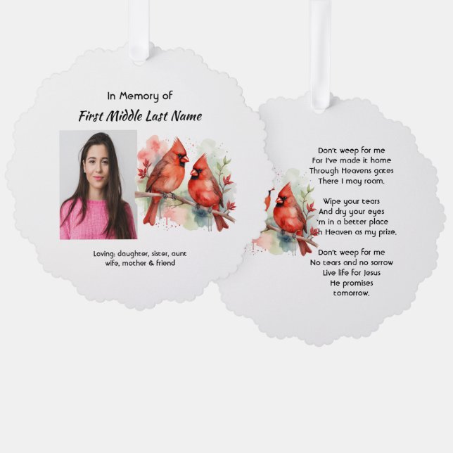 Christian Memorial Keepsake Cardinal Bird Tree Decoration Card (Front/Back)