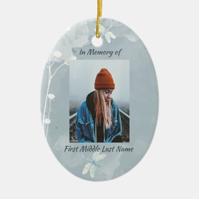 Christian Memorial Keepsake Dragonfly White Flower Ceramic Tree Decoration (Front)