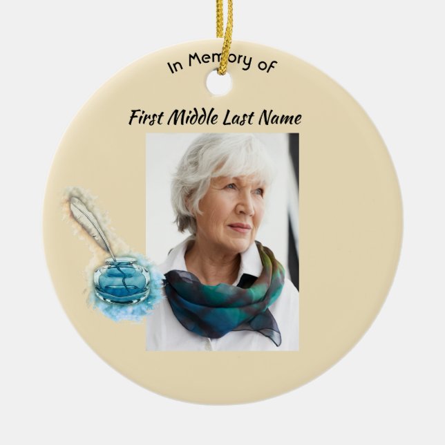 Christian Memorial Keepsake Feather Pen  Ceramic Tree Decoration (Front)