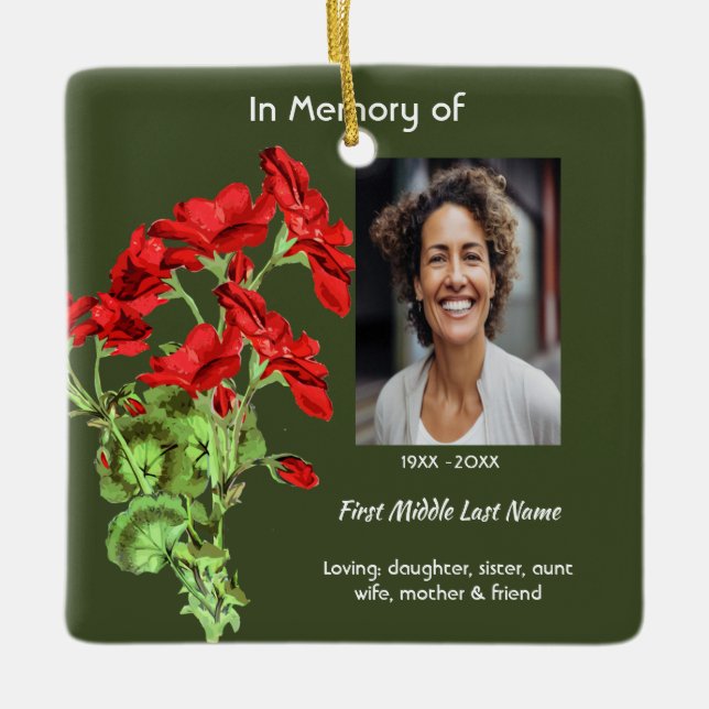 Christian Memorial Keepsake Geranium Flower Ceramic Ornament (Front)