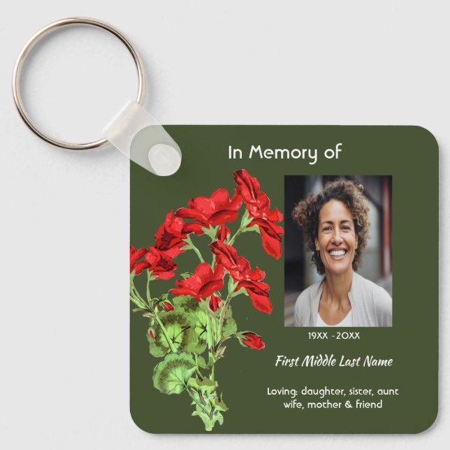 Christian Memorial Keepsake Geranium Flower Key Ring (Front)