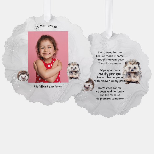 Christian Memorial Keepsake Hedgehog Children   Tree Decoration Card (Front/Back)