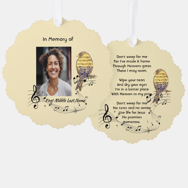 Christian Memorial Keepsake Music Bird Tree Decoration Card (Front/Back)
